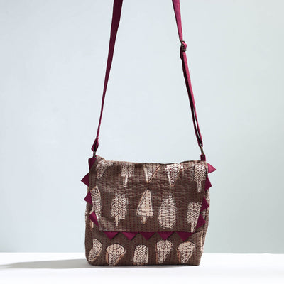 Brown - Jugaad Handmade Running Stitch Cotton Flap Sling Bag
