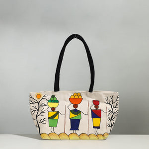 Beige - Canvas Cotton Handpainted Shoulder Bag