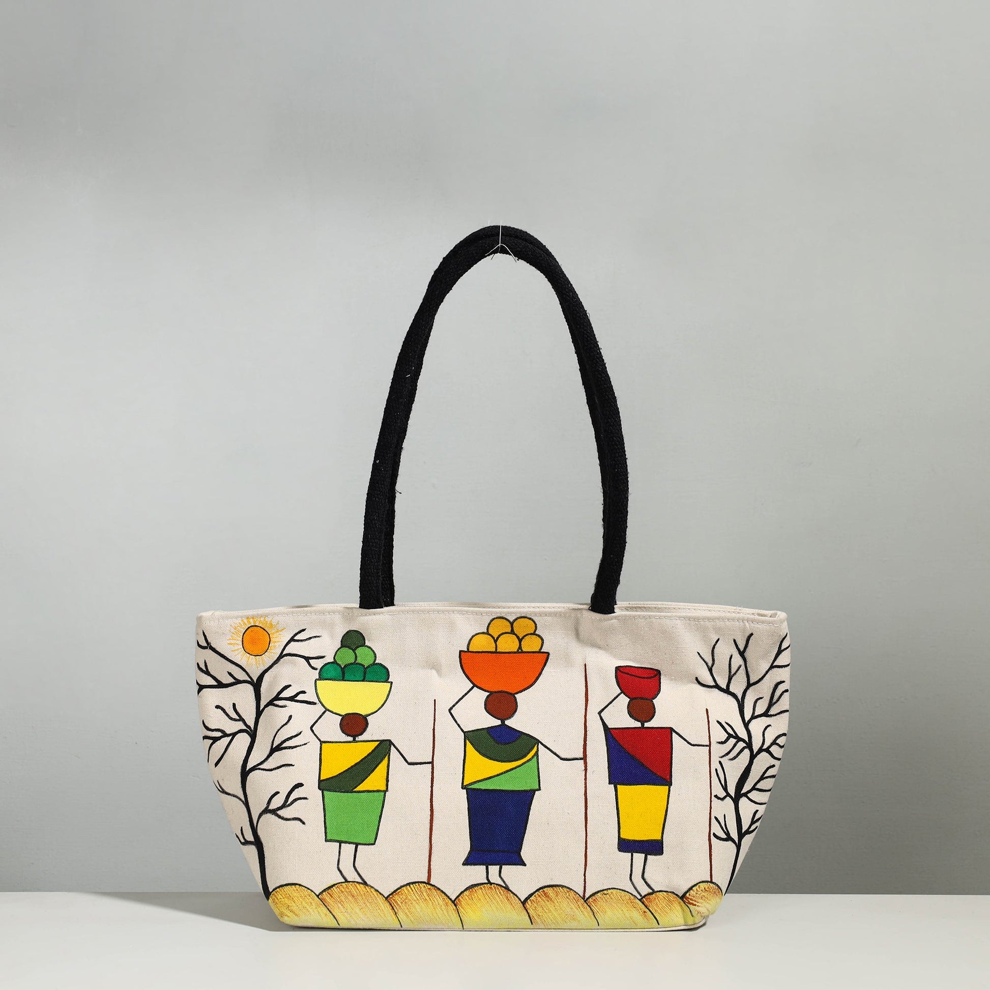 Beige - Canvas Cotton Handpainted Shoulder Bag