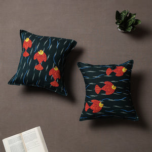 Black - Set of 2 - Chandi Mati Tagai Work Cotton Cushion Cover (16x16 inches)