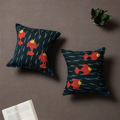 Black - Set of 2 - Chandi Mati Tagai Work Cotton Cushion Cover (16x16 inches)