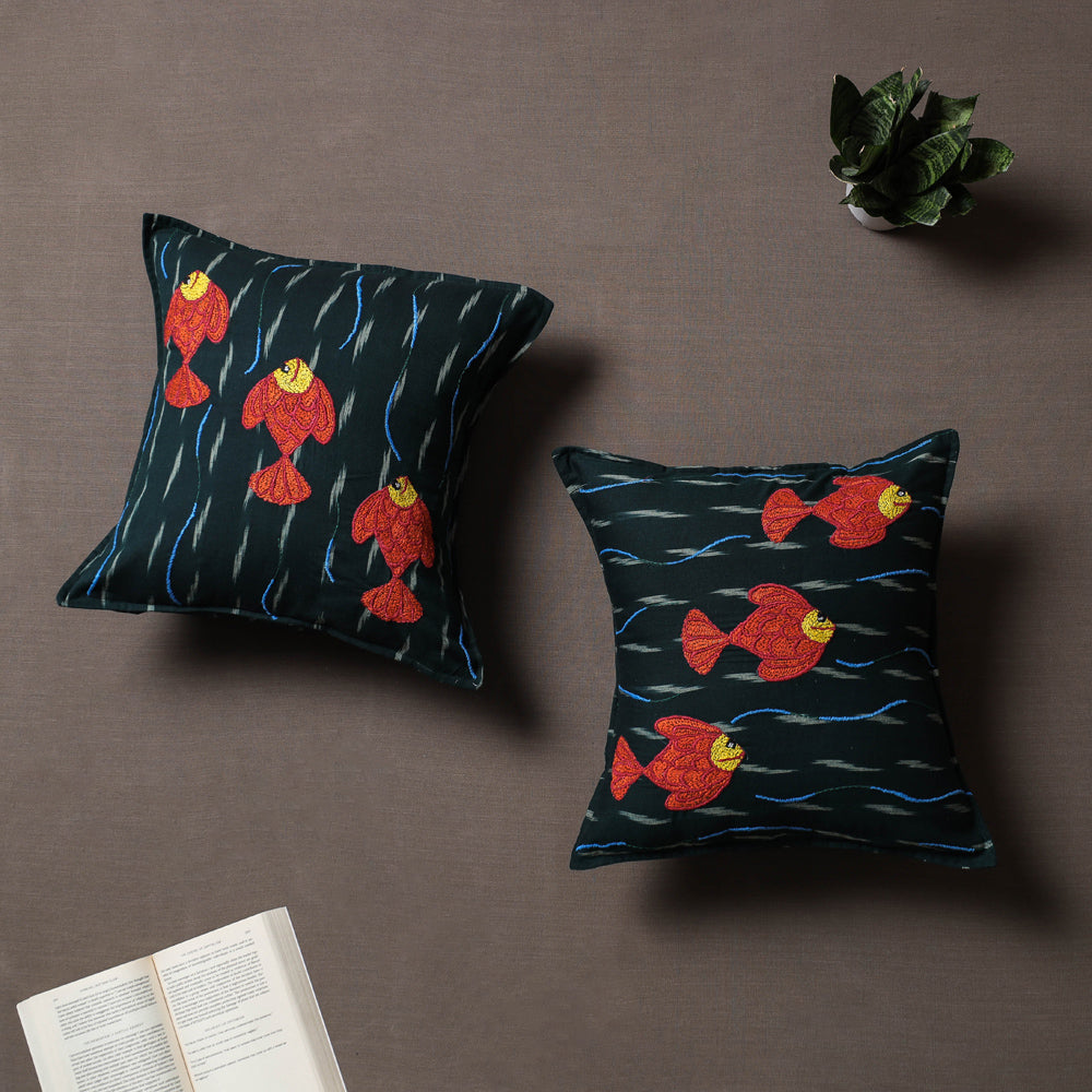 Black - Set of 2 - Chandi Mati Tagai Work Cotton Cushion Cover (16x16 inches)