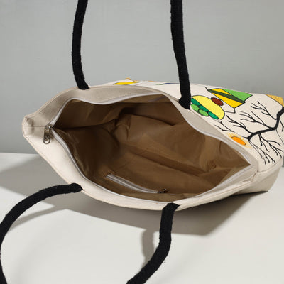 Beige - Canvas Cotton Handpainted Shoulder Bag