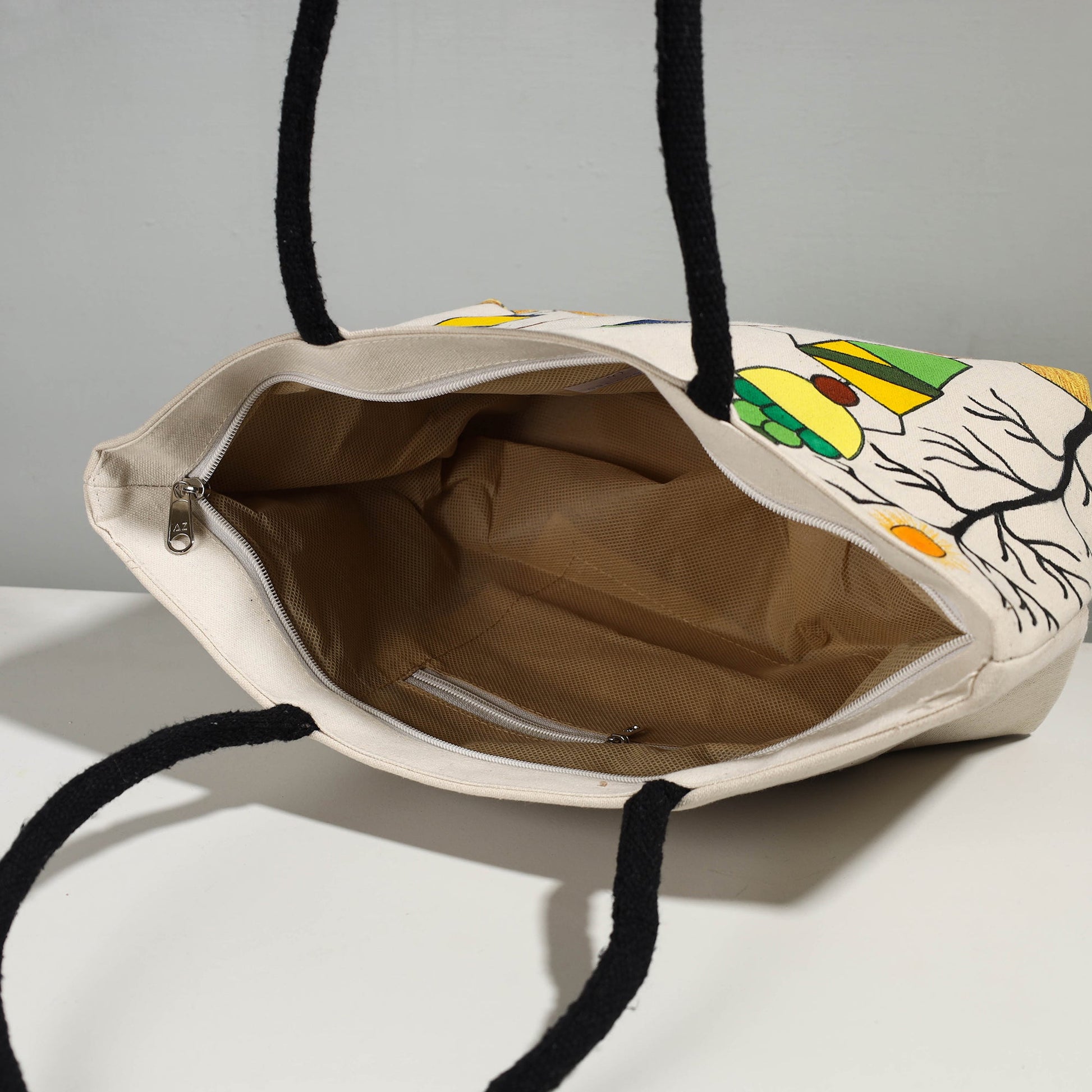Beige - Canvas Cotton Handpainted Shoulder Bag