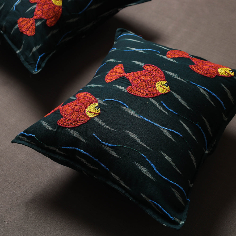 Black - Set of 2 - Chandi Mati Tagai Work Cotton Cushion Cover (16x16 inches)