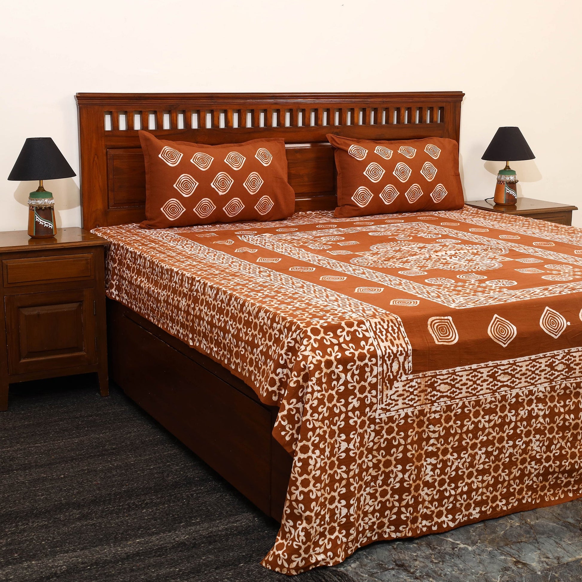 Brown - Cotton Double Hand Batik Print Bed Sheet Set 24