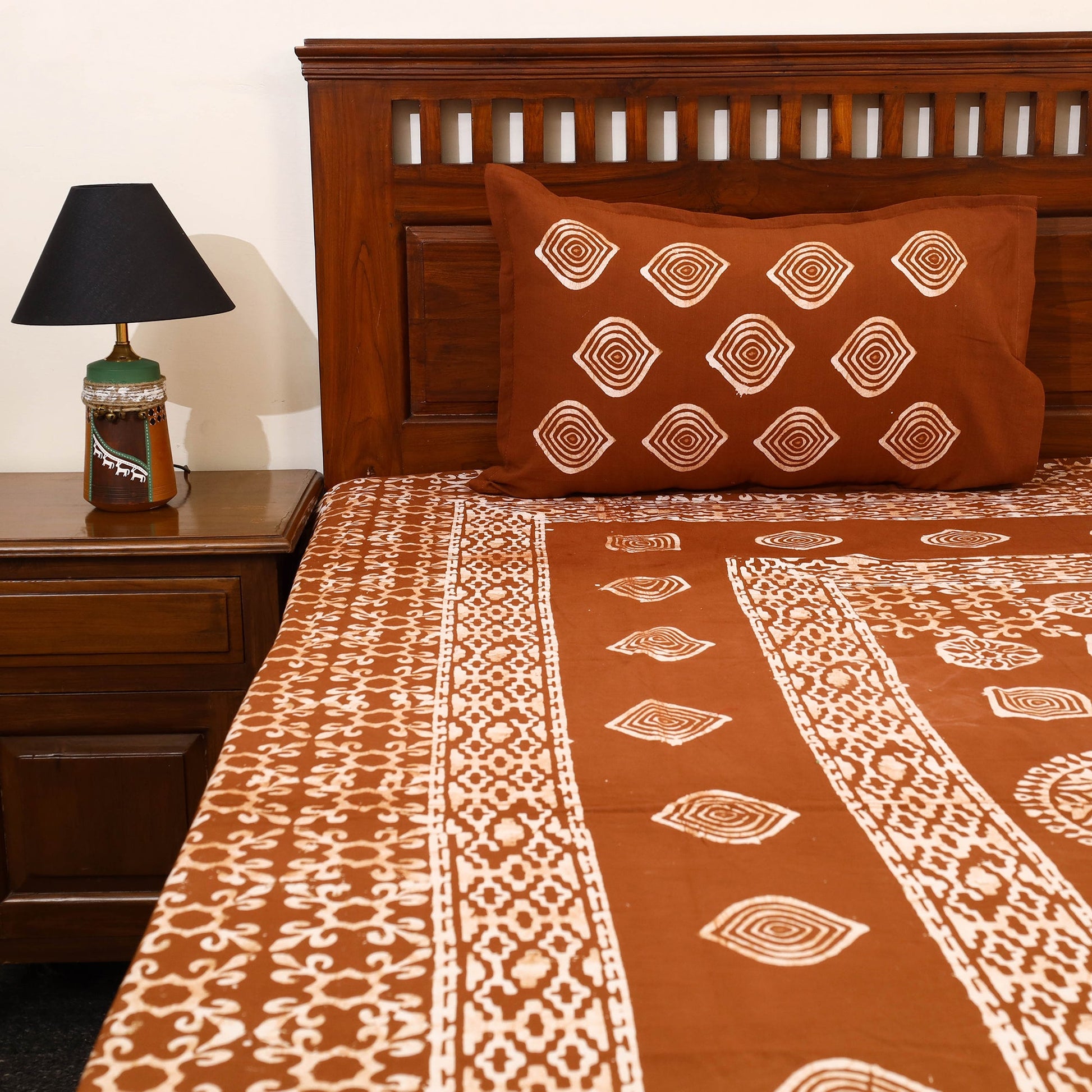 Brown - Cotton Double Hand Batik Print Bed Sheet Set 24
