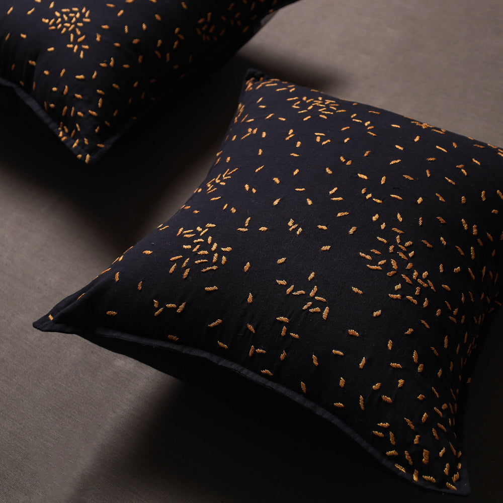 Black - Set of 2 - Chandi Mati Tagai Work Cotton Cushion Cover (16x16 inches)