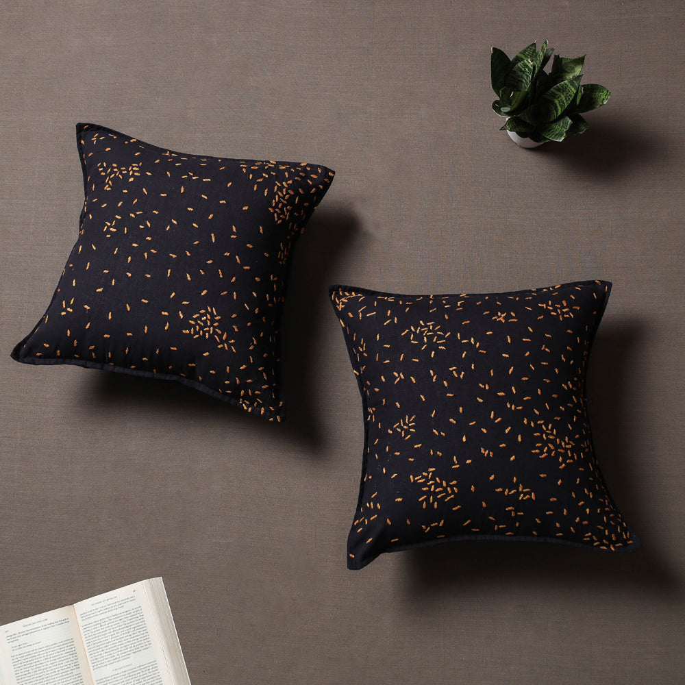 Black - Set of 2 - Chandi Mati Tagai Work Cotton Cushion Cover (16x16 inches)