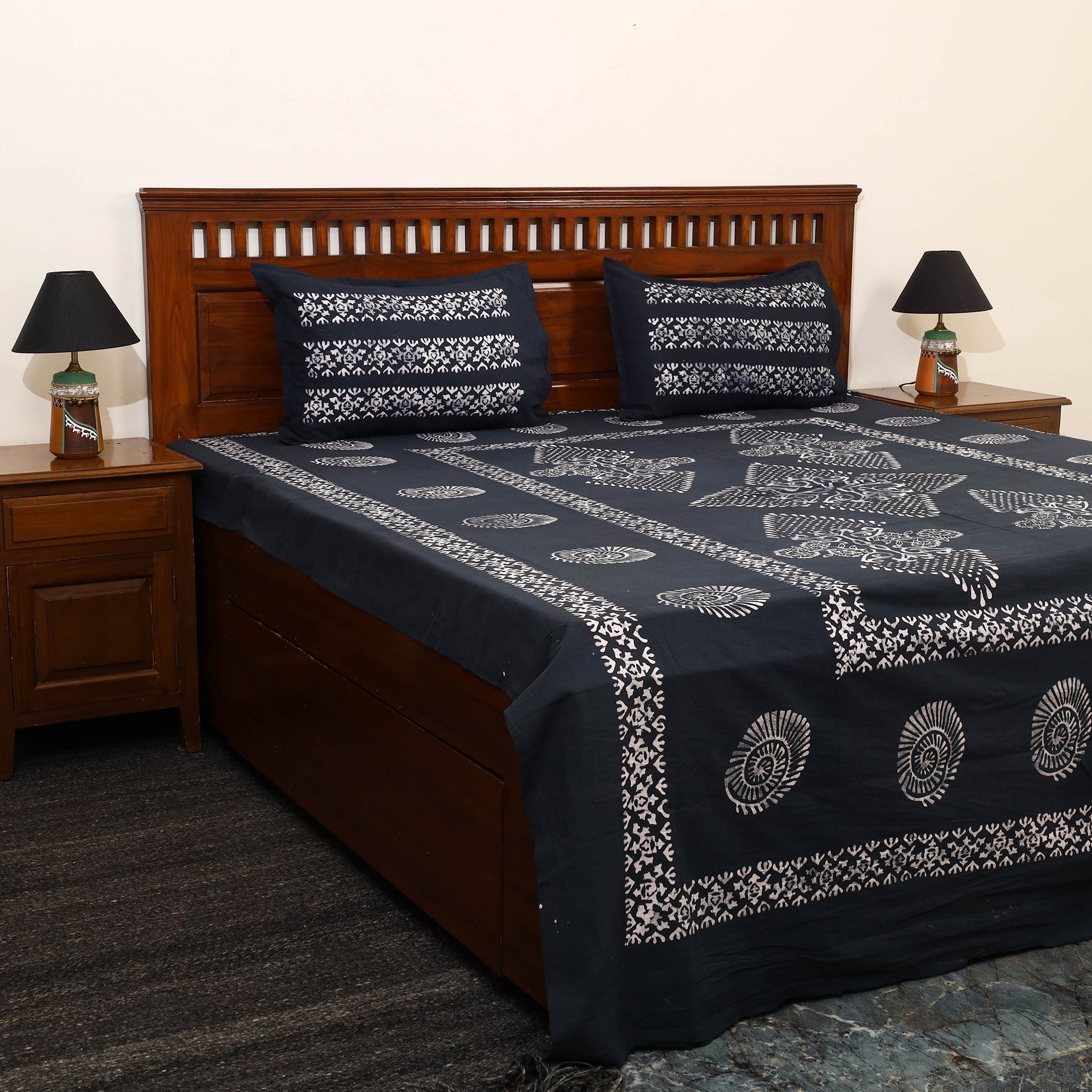 Black - Cotton Double Hand Batik Print Bed Sheet Set 02