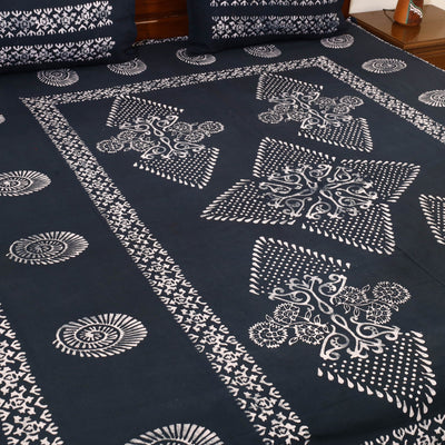 Black - Cotton Double Hand Batik Print Bed Sheet Set 02