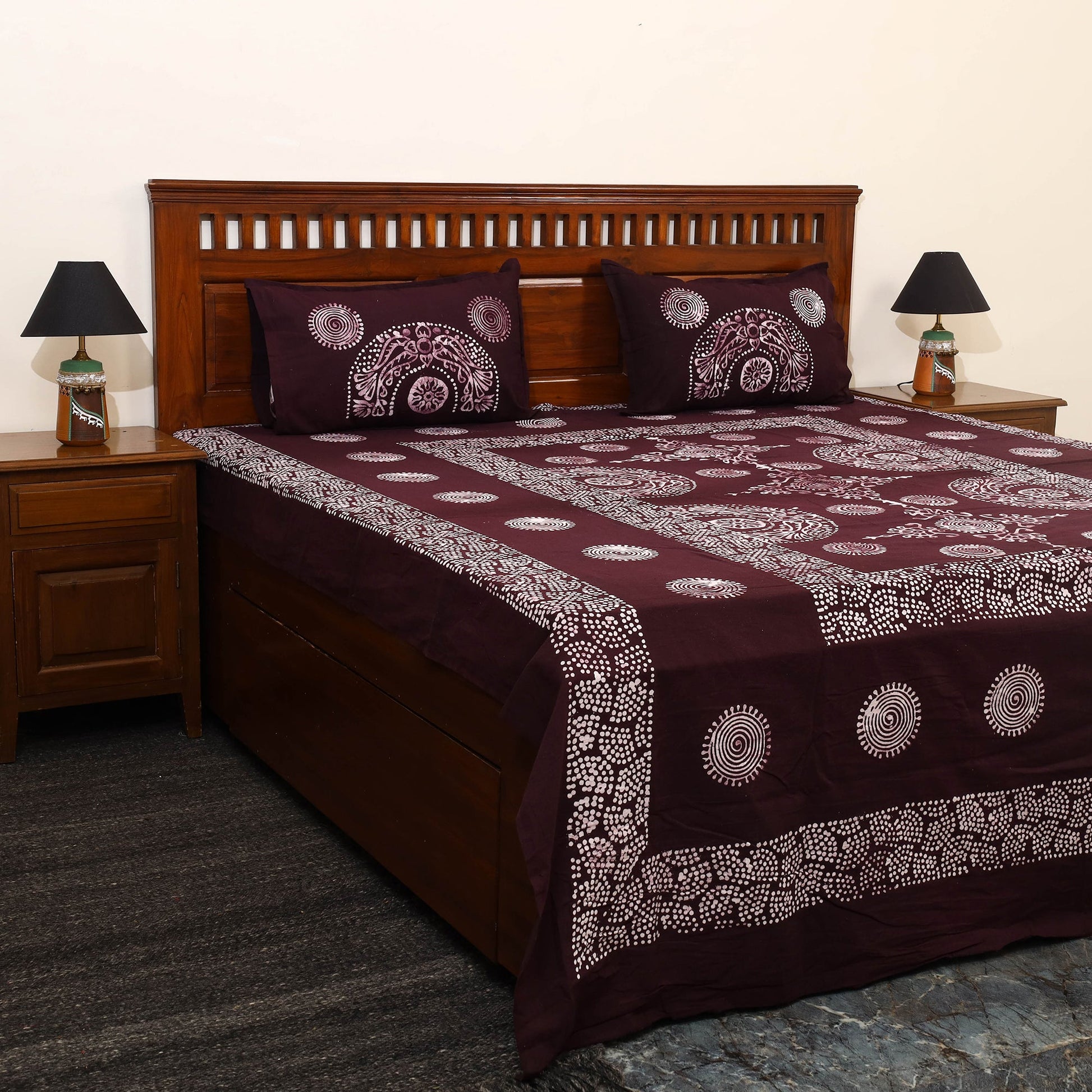 Brown - Cotton Double Hand Batik Print Bed Sheet Set 03