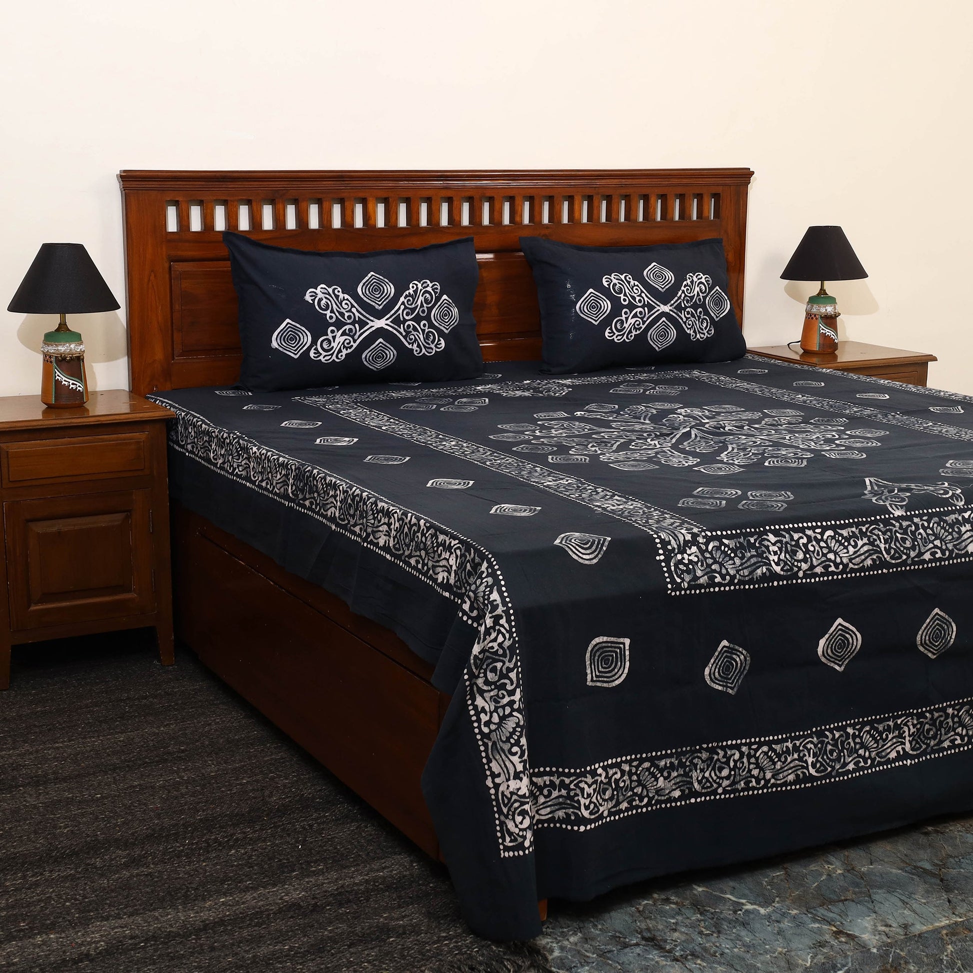 Black - Cotton Double Hand Batik Print Bed Sheet Set 04