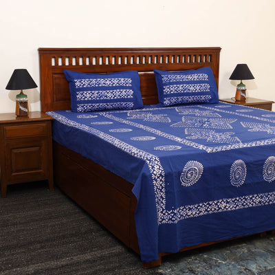 Blue - Cotton Double Hand Batik Print Bed Sheet Set 07