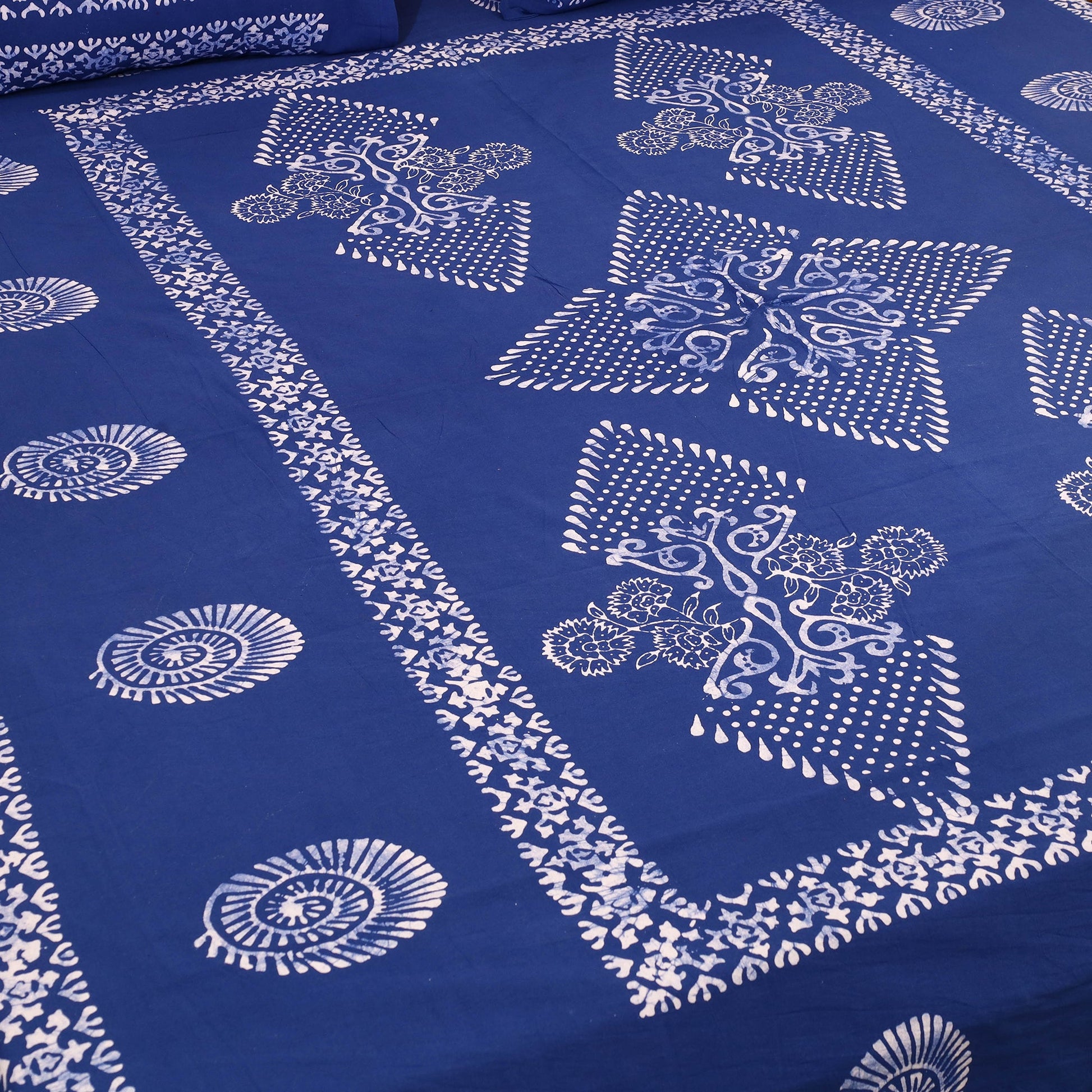 Blue - Cotton Double Hand Batik Print Bed Sheet Set 07