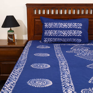 Blue - Cotton Double Hand Batik Print Bed Sheet Set 07