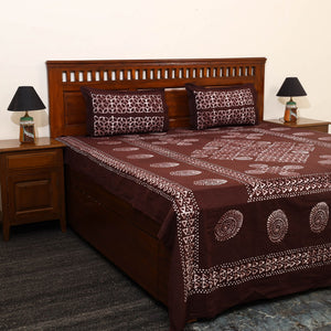 Brown - Cotton Double Hand Batik Print Bed Sheet Set 09