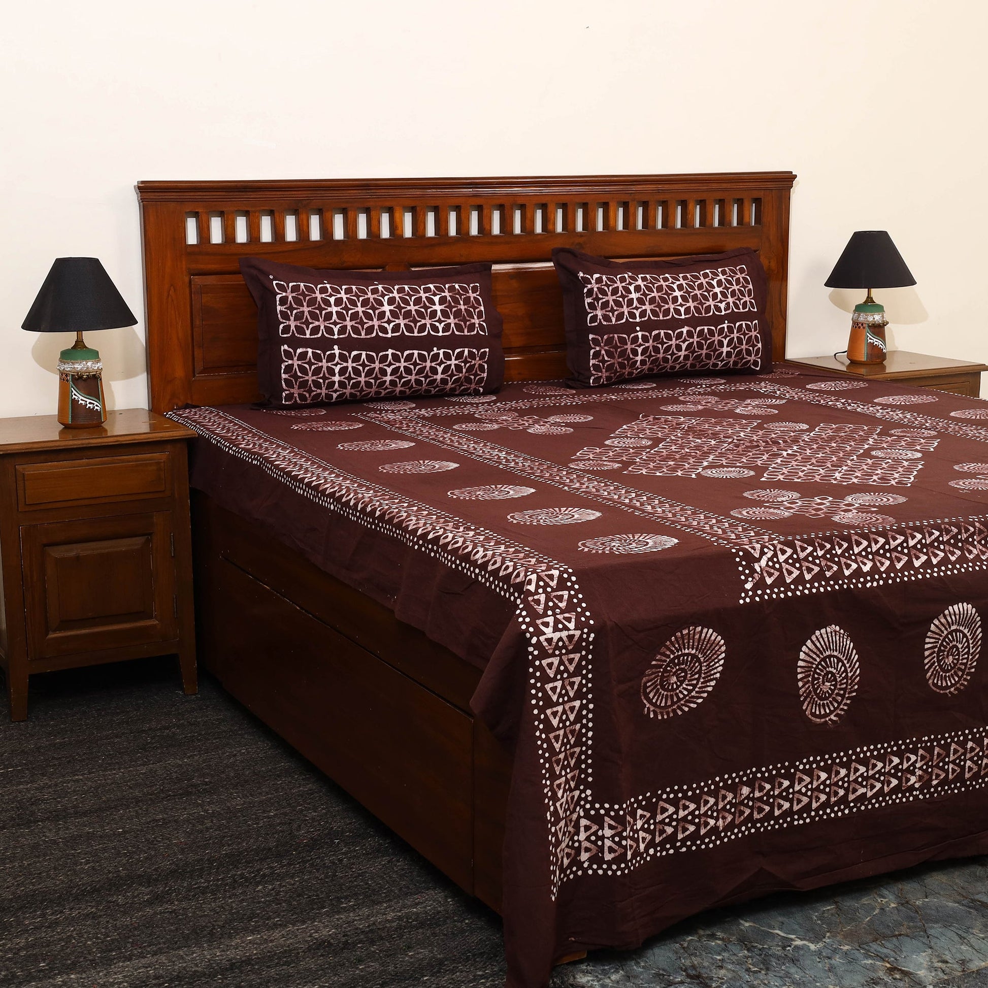Brown - Cotton Double Hand Batik Print Bed Sheet Set 09