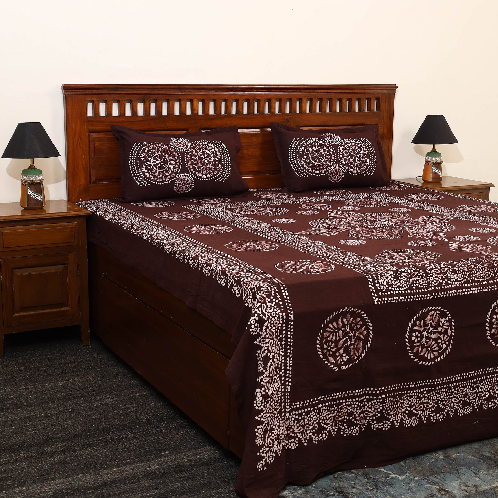 Brown - Cotton Double Hand Batik Print Bed Sheet Set 10