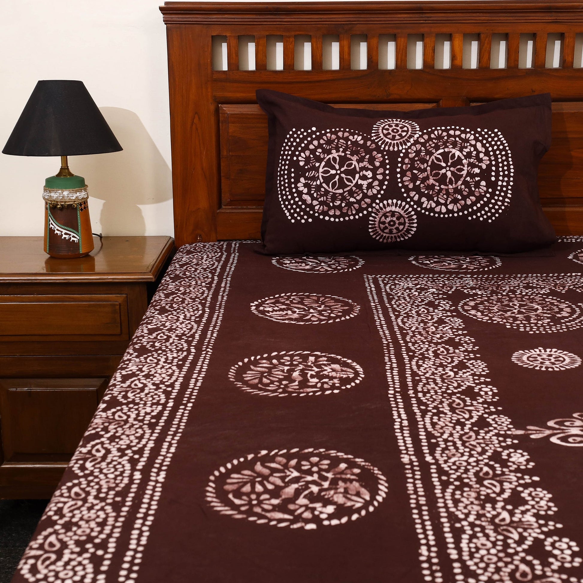Brown - Cotton Double Hand Batik Print Bed Sheet Set 10