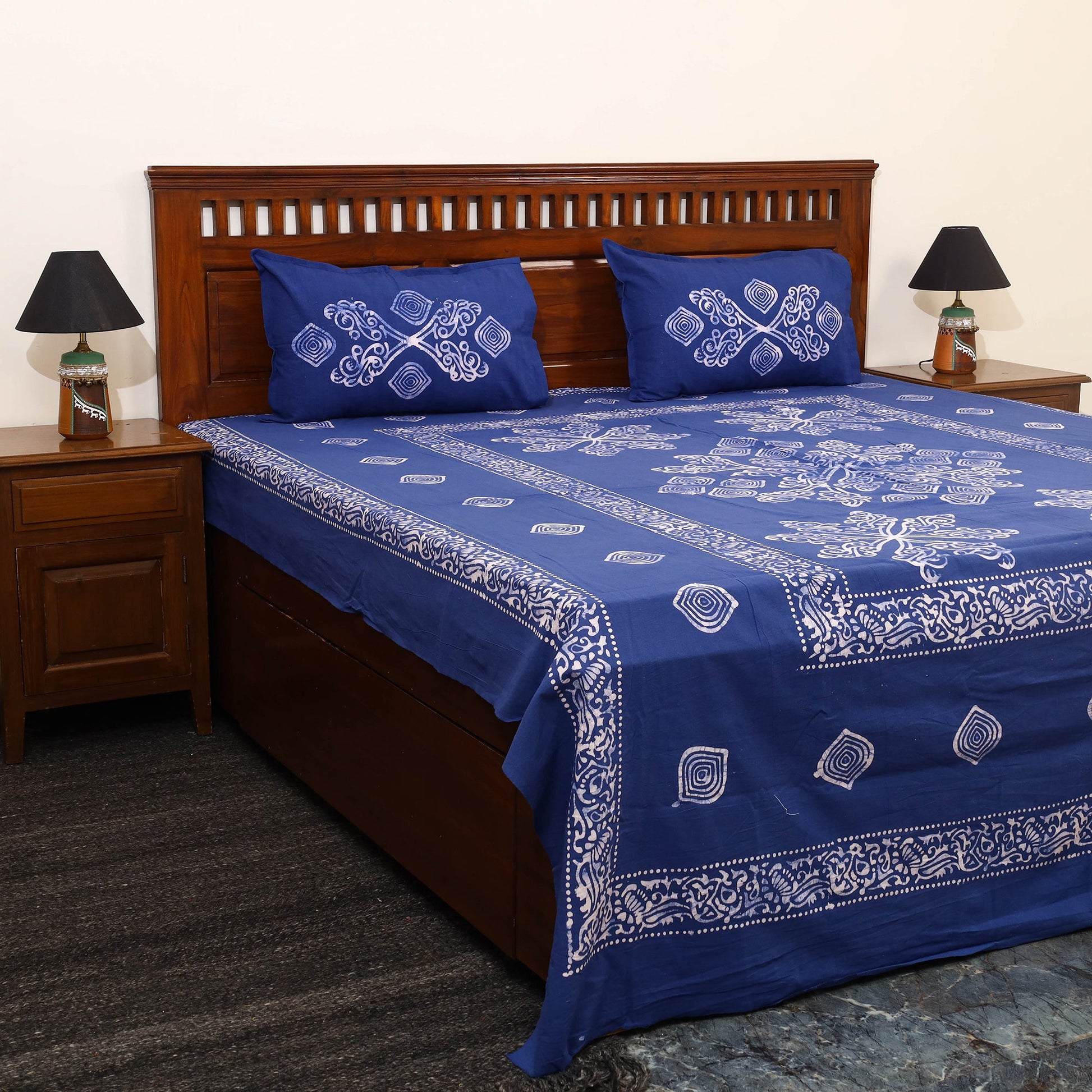 Blue - Cotton Double Hand Batik Print Bed Sheet Set 13