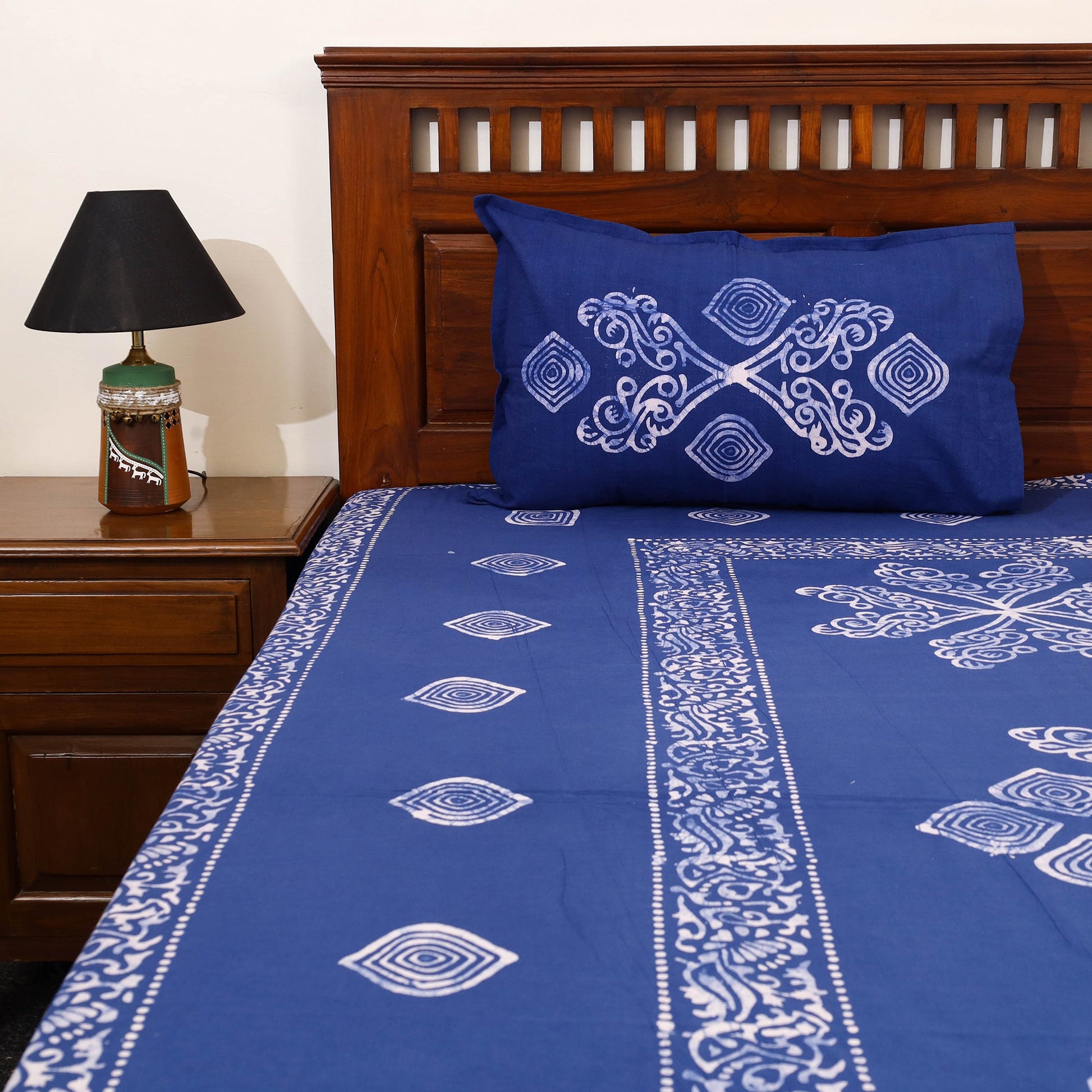 Blue - Cotton Double Hand Batik Print Bed Sheet Set 13