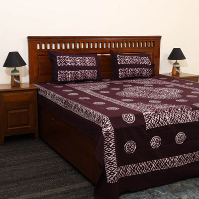 Brown - Cotton Double Hand Batik Print Bed Sheet Set 16
