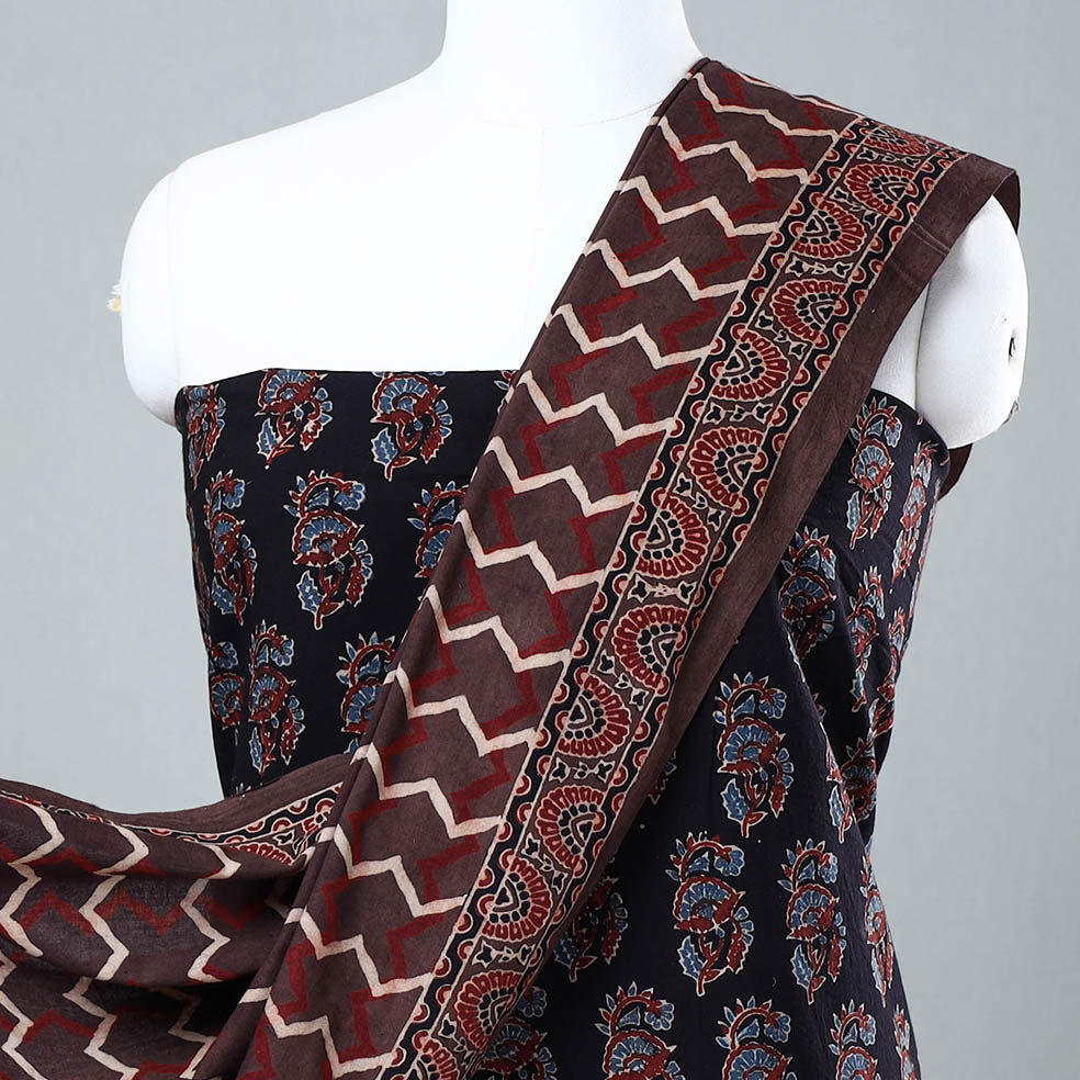 Black - 3pc Ajrakh Block Printed Cotton Suit Material Set