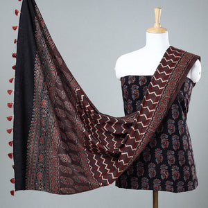 Black - 3pc Ajrakh Block Printed Cotton Suit Material Set