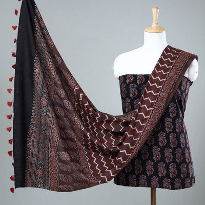 Black - 3pc Ajrakh Block Printed Cotton Suit Material Set