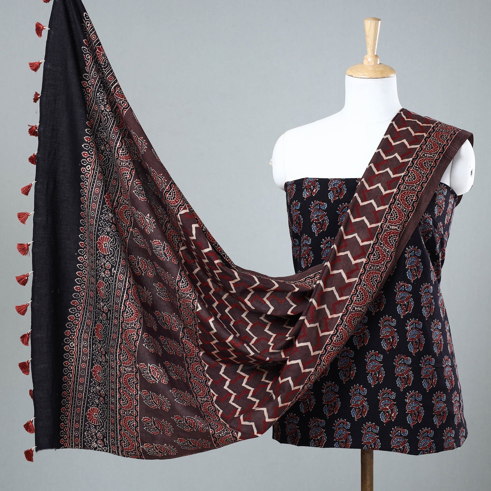 Black - 3pc Ajrakh Block Printed Cotton Suit Material Set