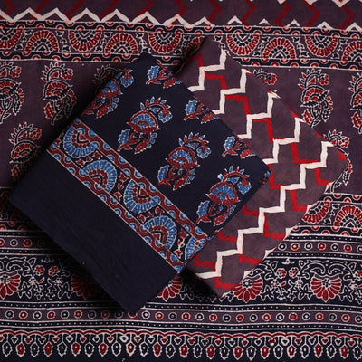 Black - 3pc Ajrakh Block Printed Cotton Suit Material Set