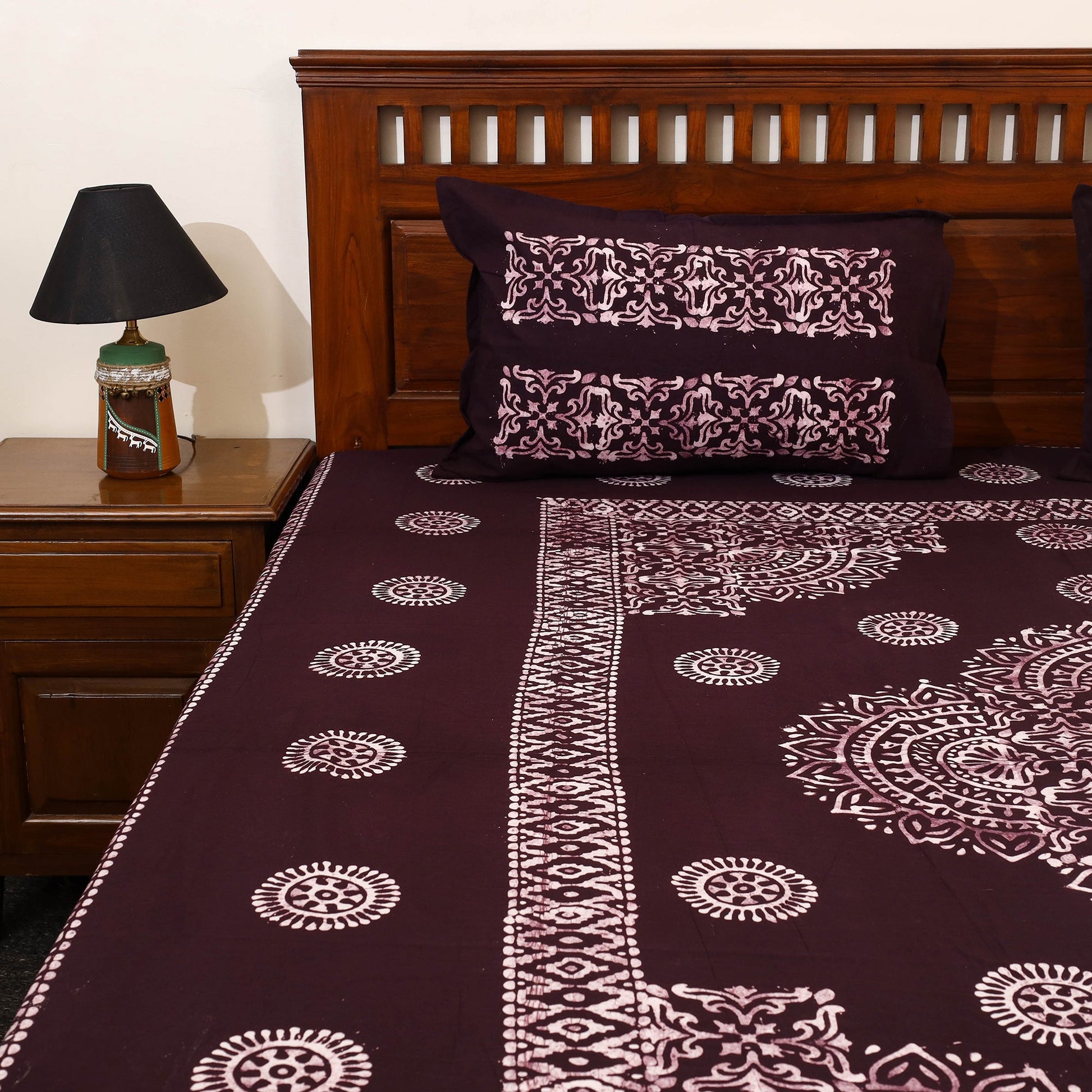 Brown - Cotton Double Hand Batik Print Bed Sheet Set 16