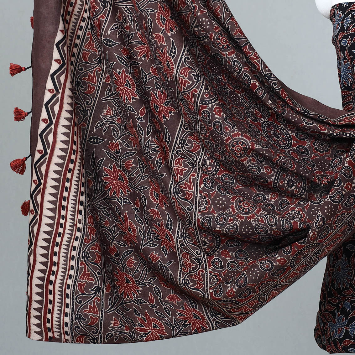Black - 3pc Ajrakh Block Printed Cotton Suit Material Set