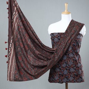 Black - 3pc Ajrakh Block Printed Cotton Suit Material Set