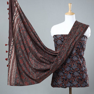 Black - 3pc Ajrakh Block Printed Cotton Suit Material Set