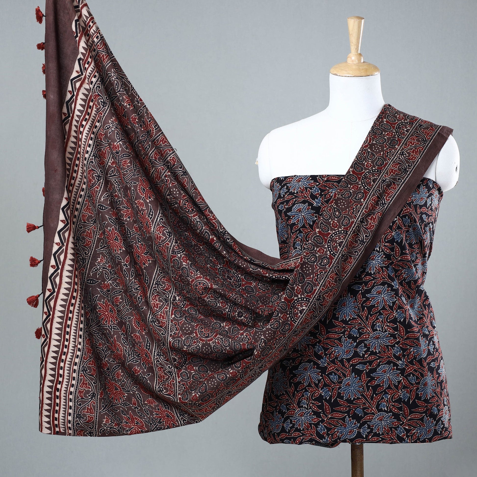 Black - 3pc Ajrakh Block Printed Cotton Suit Material Set
