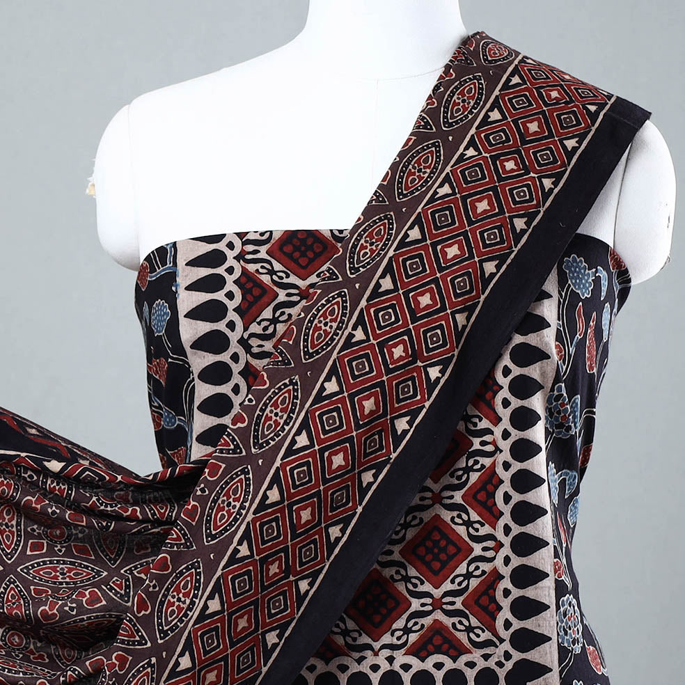 Black - 3pc Ajrakh Block Printed Cotton Suit Material Set