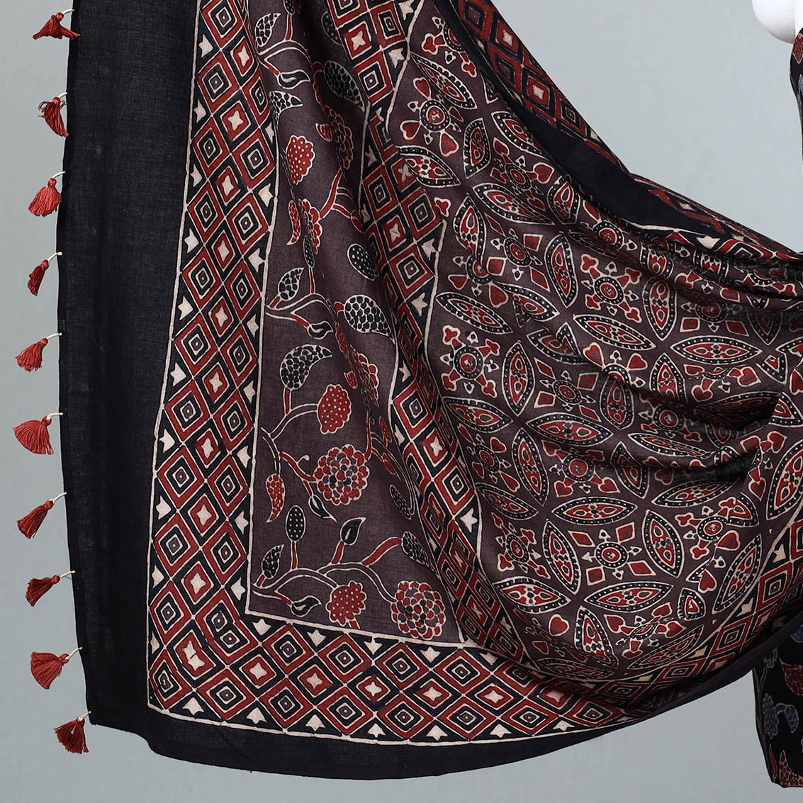 Black - 3pc Ajrakh Block Printed Cotton Suit Material Set