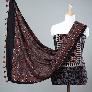 Black - 3pc Ajrakh Block Printed Cotton Suit Material Set