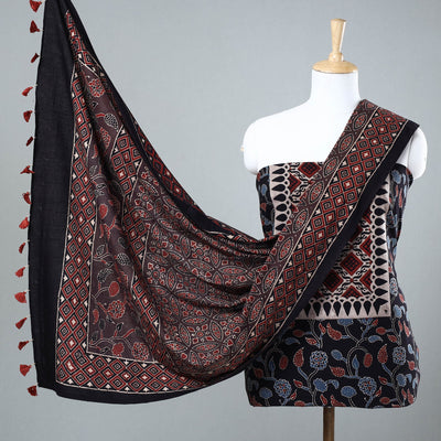 Black - 3pc Ajrakh Block Printed Cotton Suit Material Set