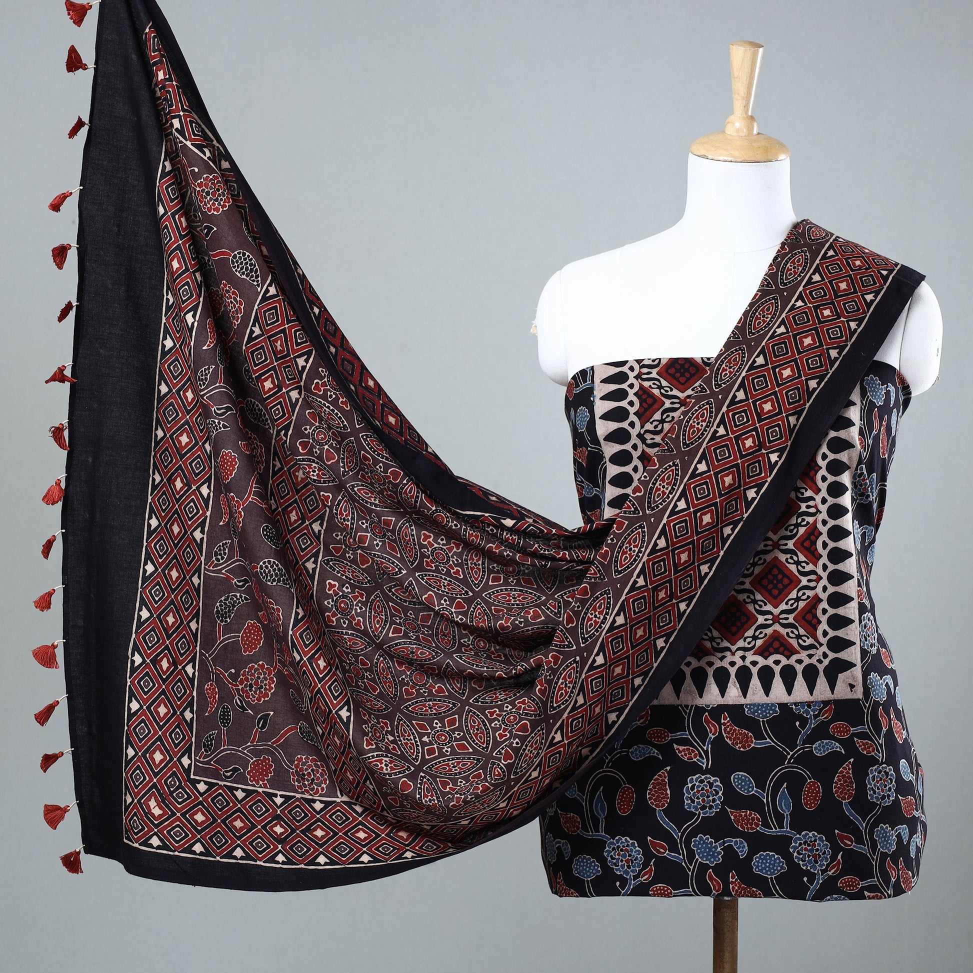 Black - 3pc Ajrakh Block Printed Cotton Suit Material Set