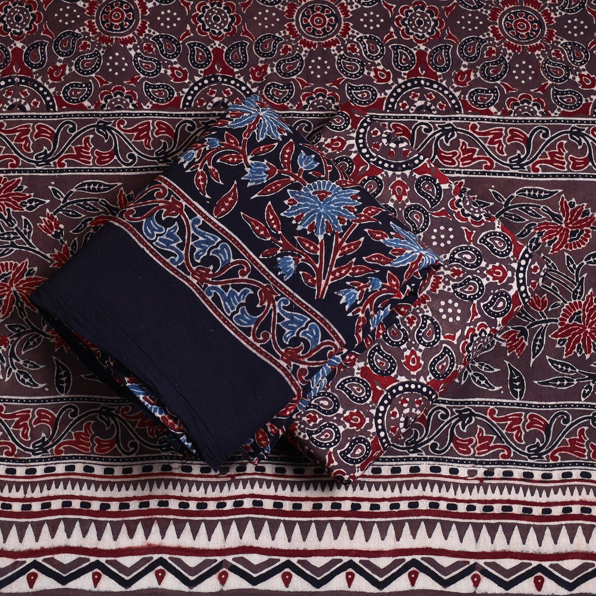 Black - 3pc Ajrakh Block Printed Cotton Suit Material Set