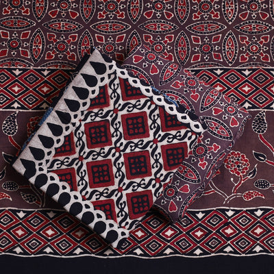 Black - 3pc Ajrakh Block Printed Cotton Suit Material Set