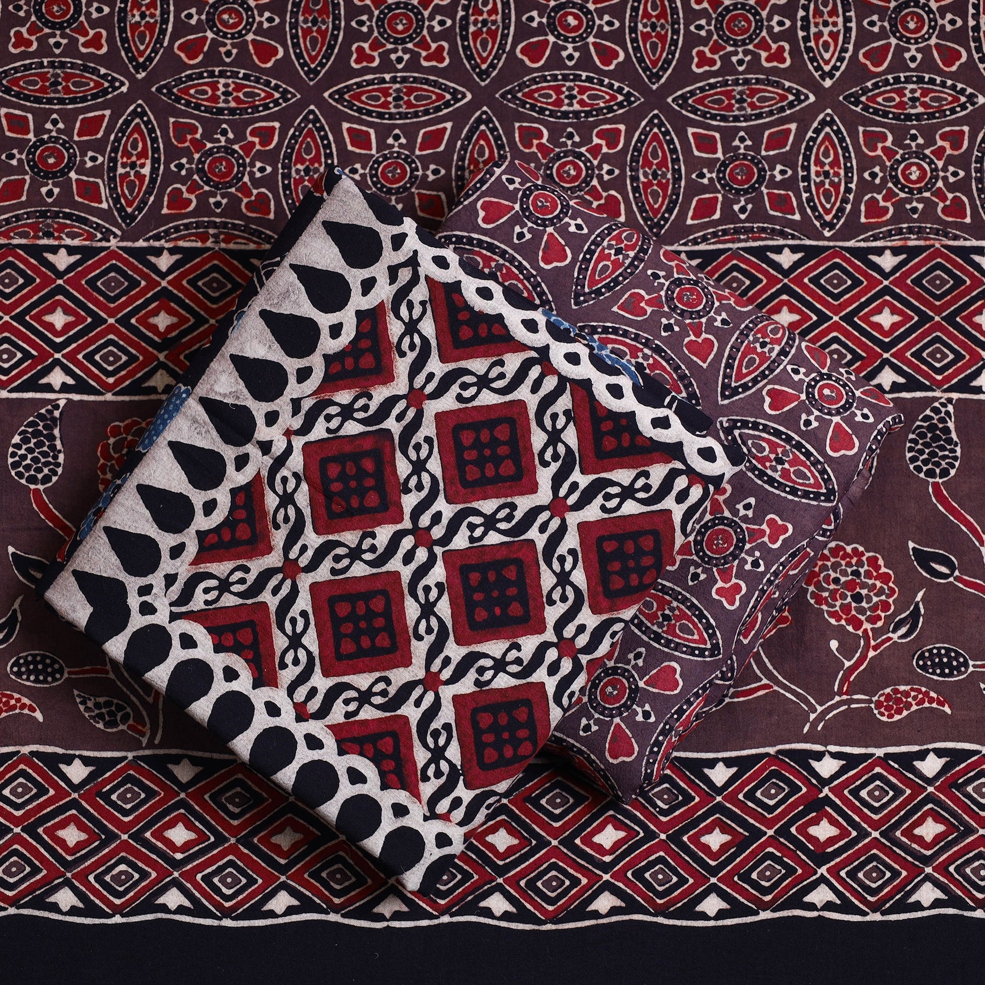 Black - 3pc Ajrakh Block Printed Cotton Suit Material Set