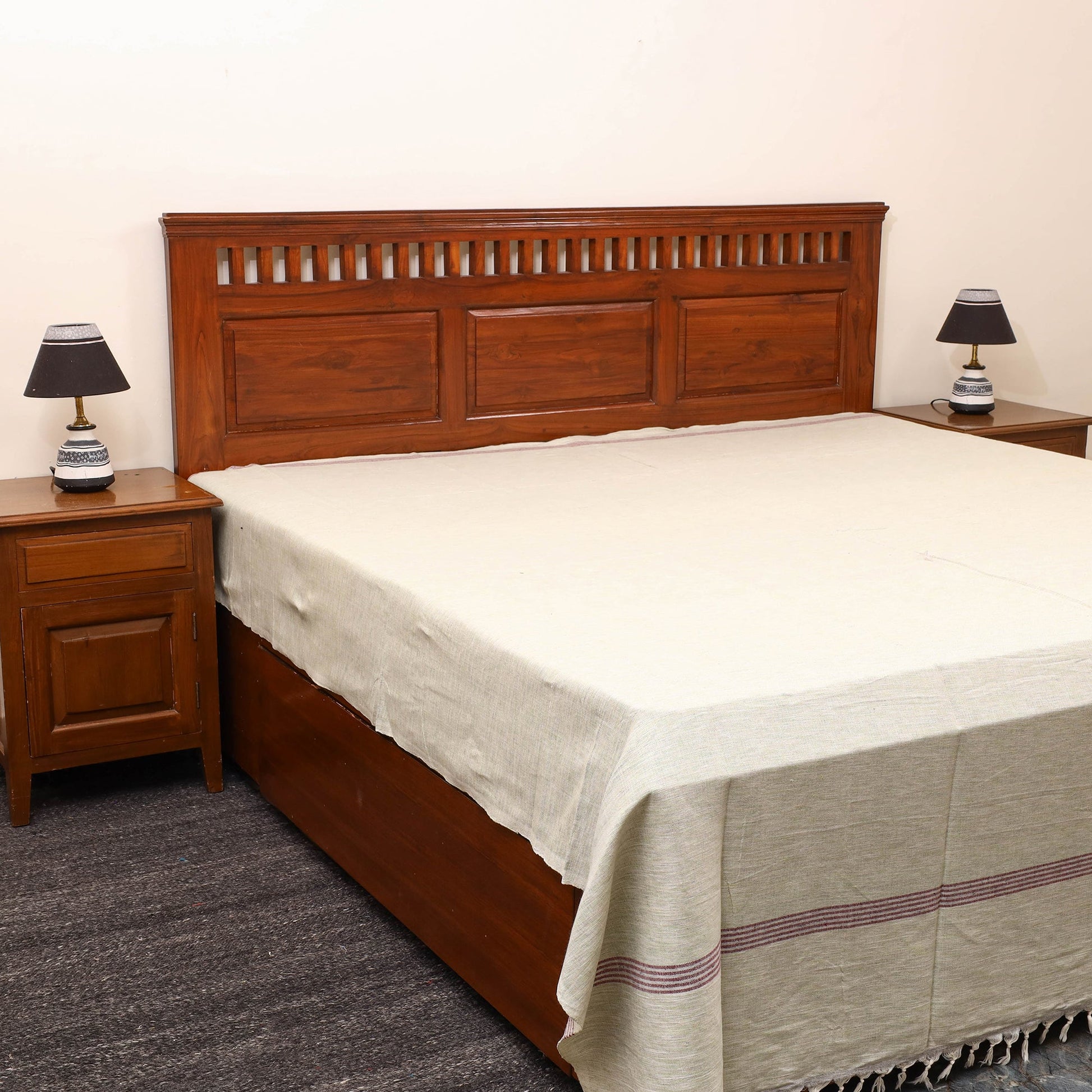 Beige - Plain Cotton Double Handloom Bed Cover (98 x 90 in) 24