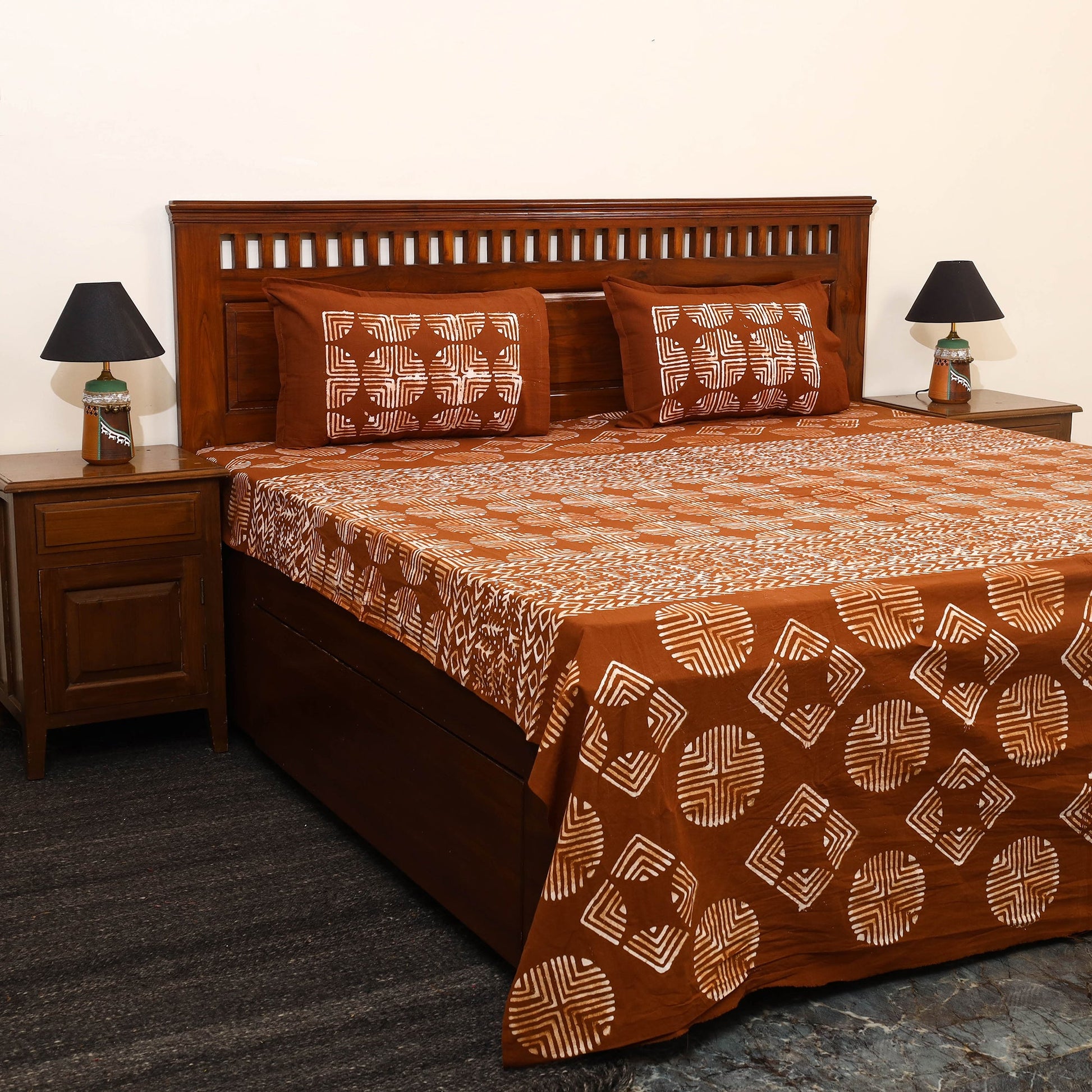 Brown - Cotton Double Hand Batik Print Bed Sheet Set  22