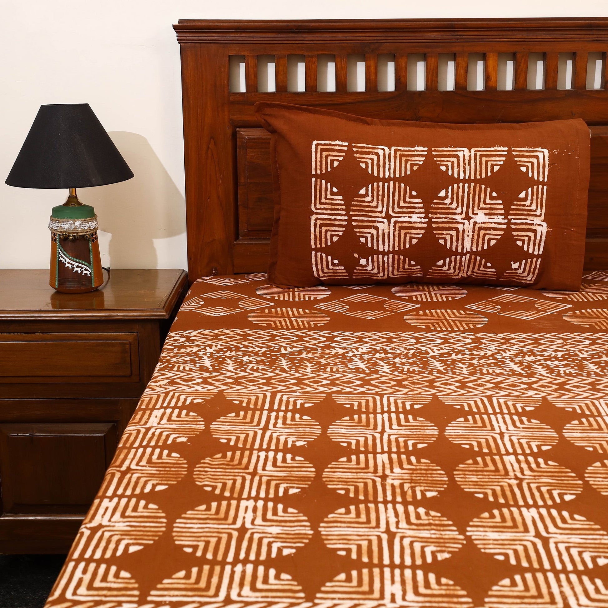 Brown - Cotton Double Hand Batik Print Bed Sheet Set  22