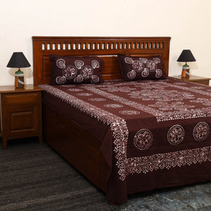Brown - Cotton Double Hand Batik Print Bed Sheet Set 23