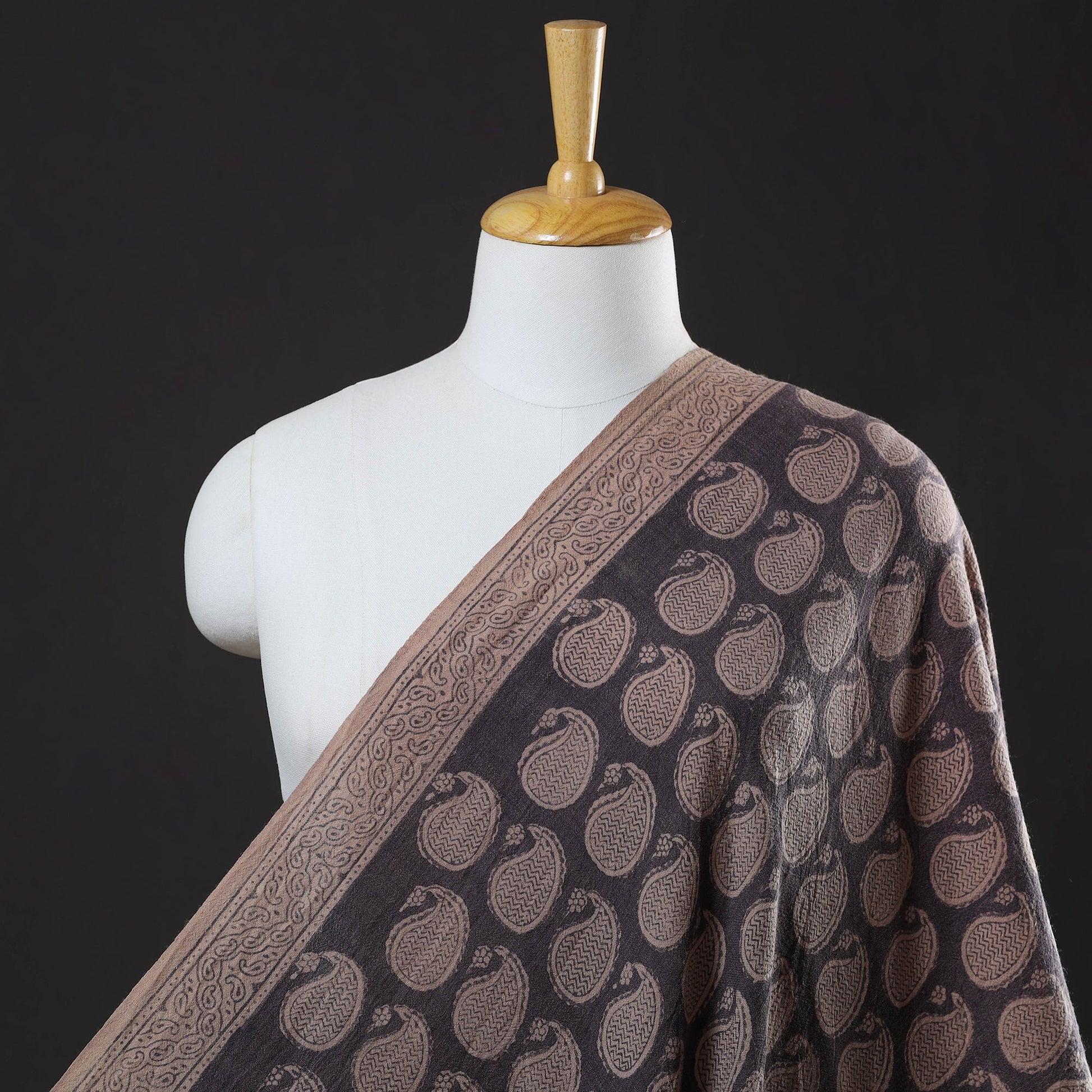Black - Bagh Block Printed Merino Wool Handloom Fabric